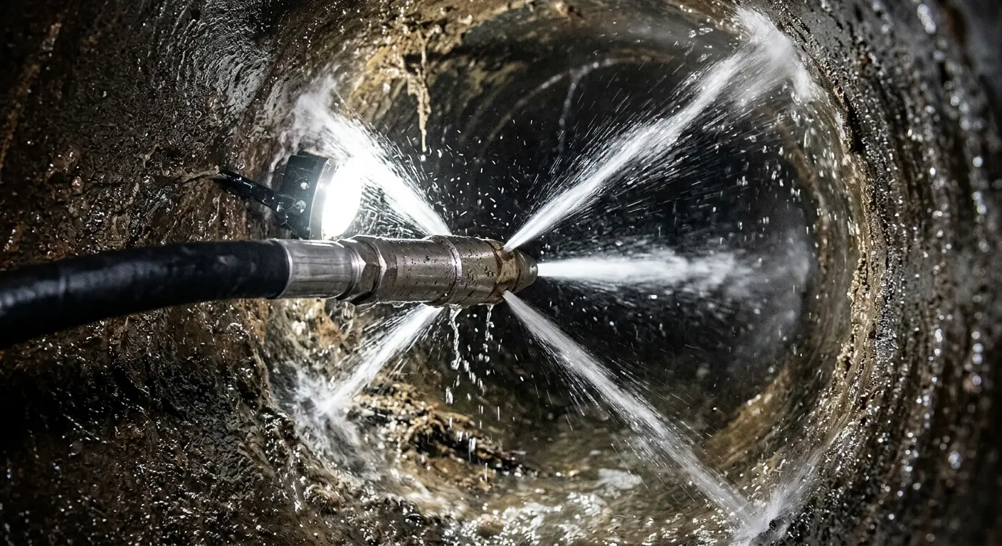 High-pressure hydro jetting nozzle cleaning sewer pipe for Trenchless Sewer Repair in Merchantville