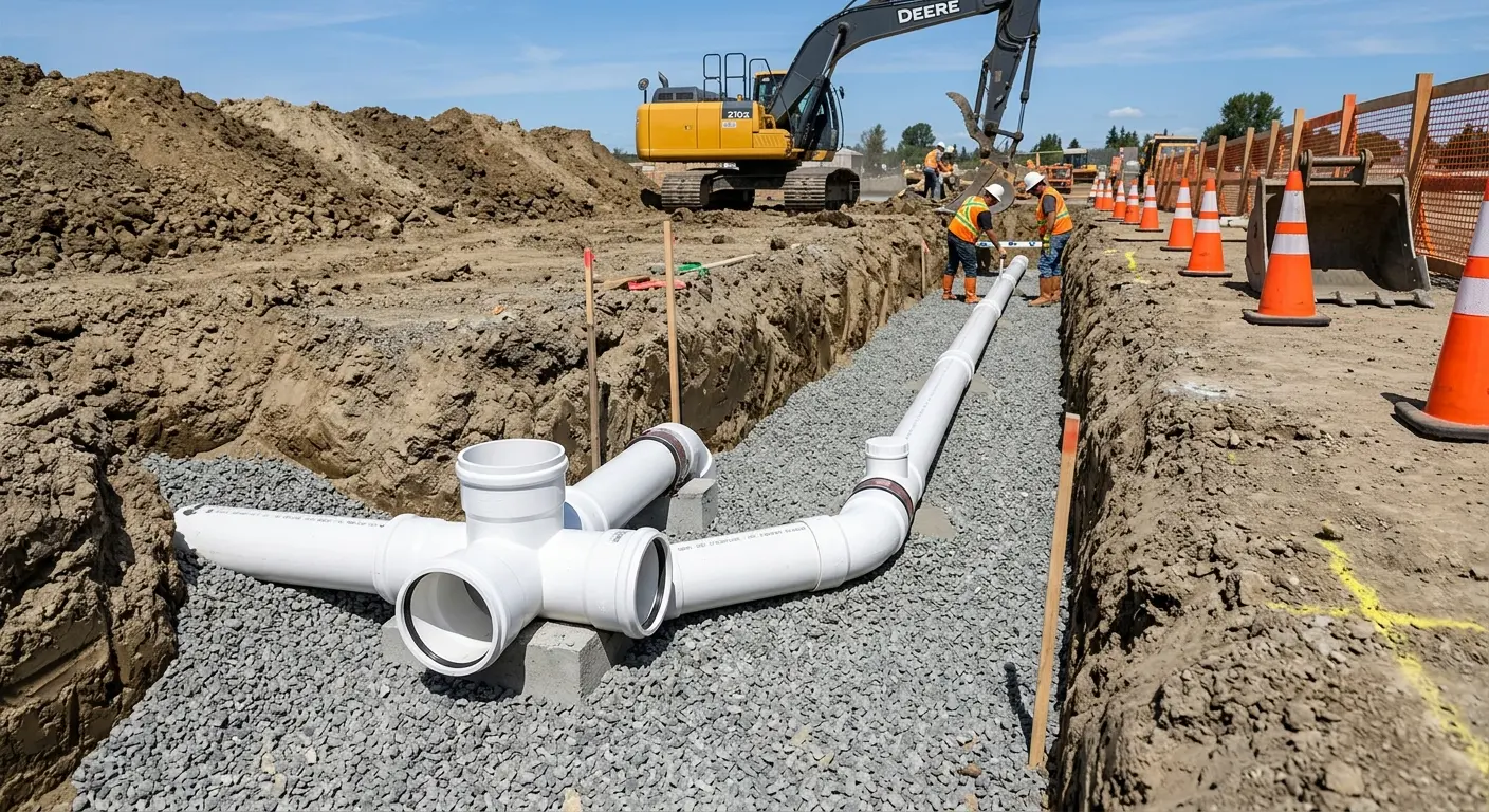 New PVC sewer pipe installation in open trench for Commercial Drain Cleaning in Merchantville